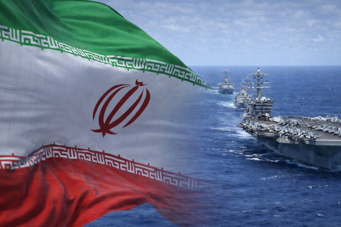 Iraanse vlag en Amerikaanse vliegdekschip